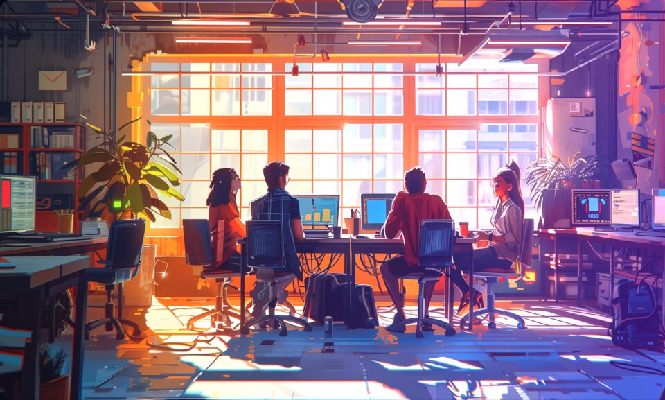 The team gathered around a work table in front of large windows at sunset.
