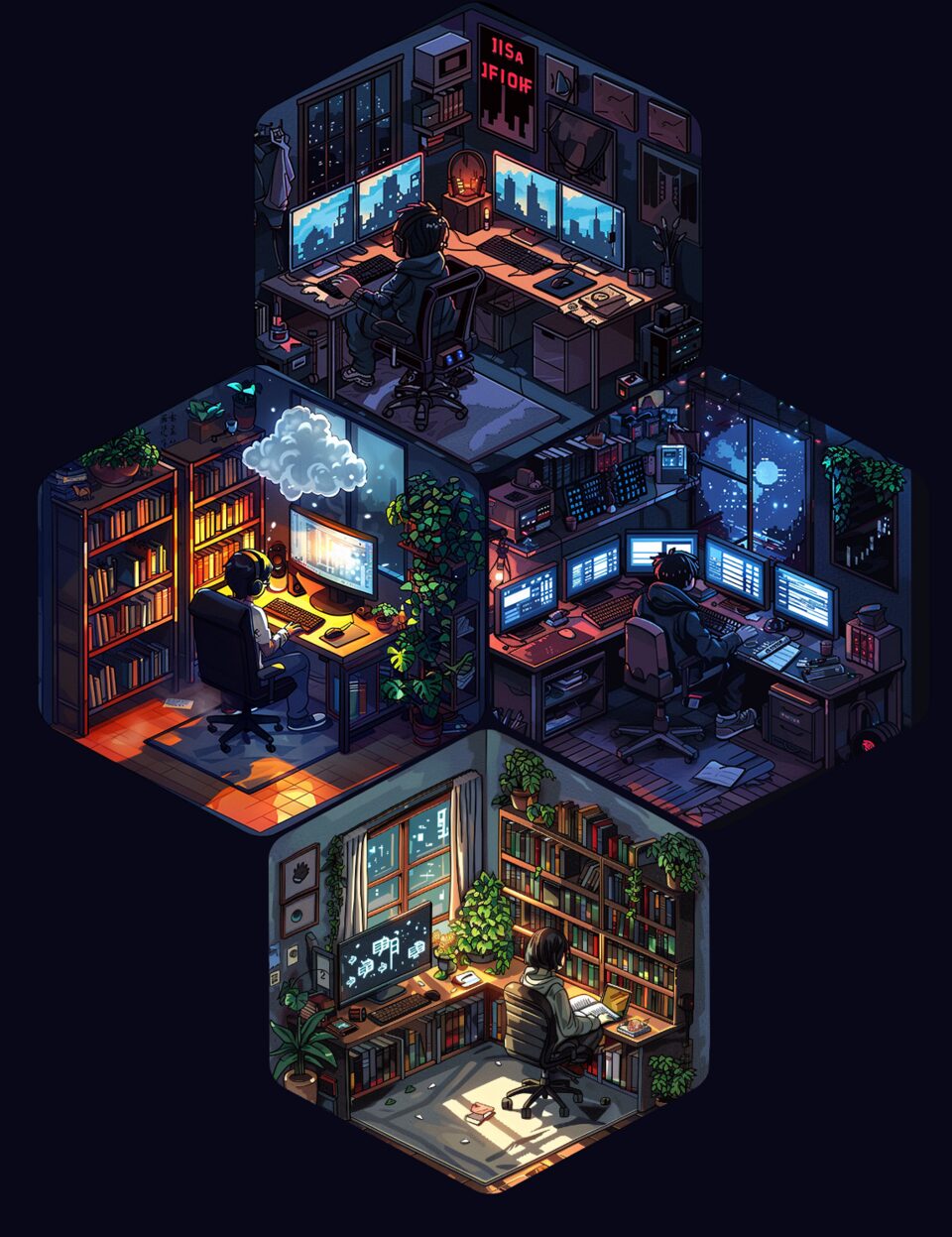 Four interlocking isometric workspaces: research, design, development and testing.
