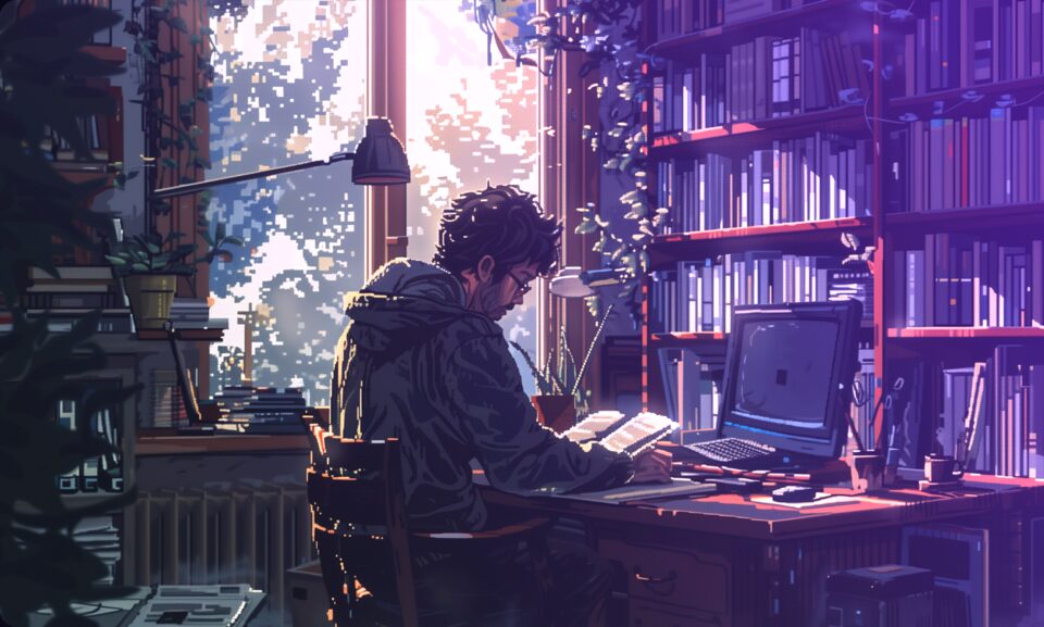 Someone writing at a desk by a window, surrounded by bookshelves.