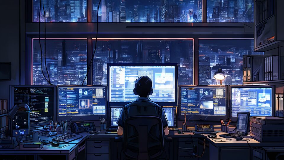 A monitoring desk: a wall of screens showing dashboards and logs, facing the city at night.