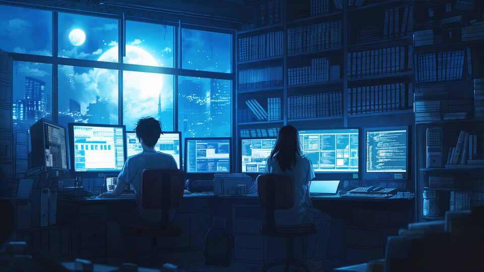 Two developers working side by side at several screens, at night.