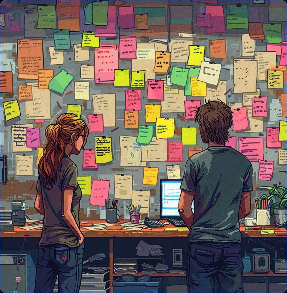 Two people in front of a wall of sticky notes, grouping observations.