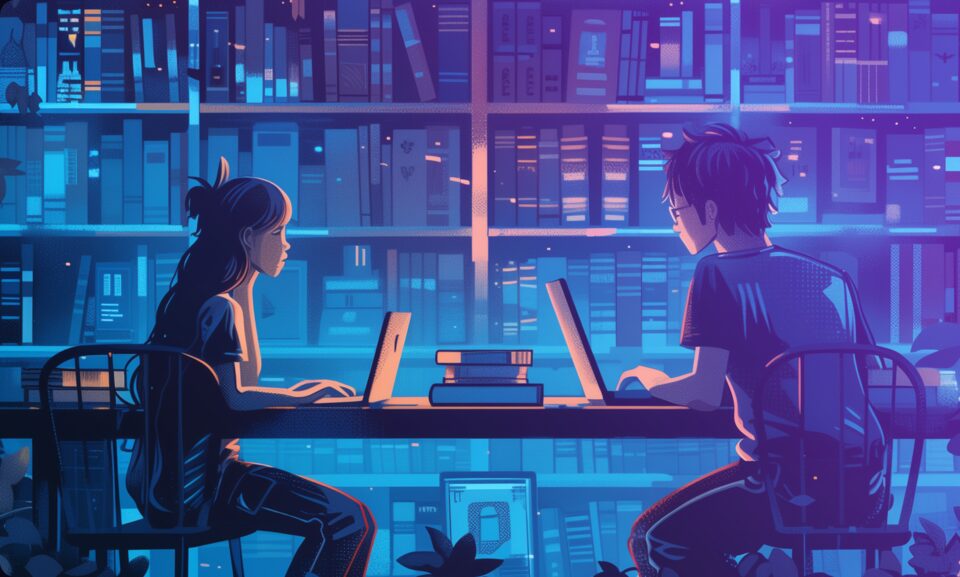 Two people sitting opposite each other during a test session on a laptop.