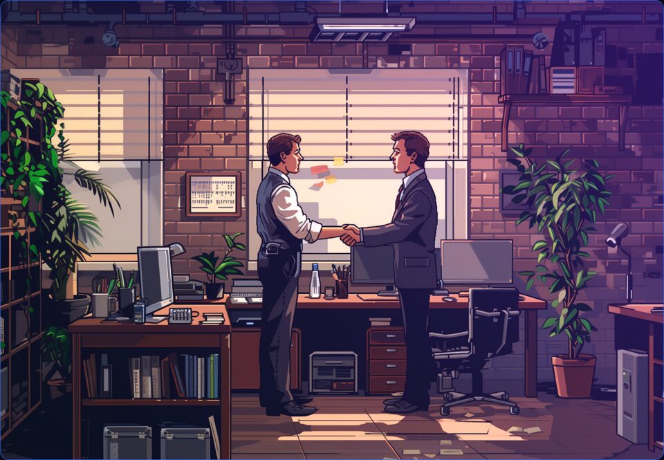 Two people shaking hands in an office at the end of the day.